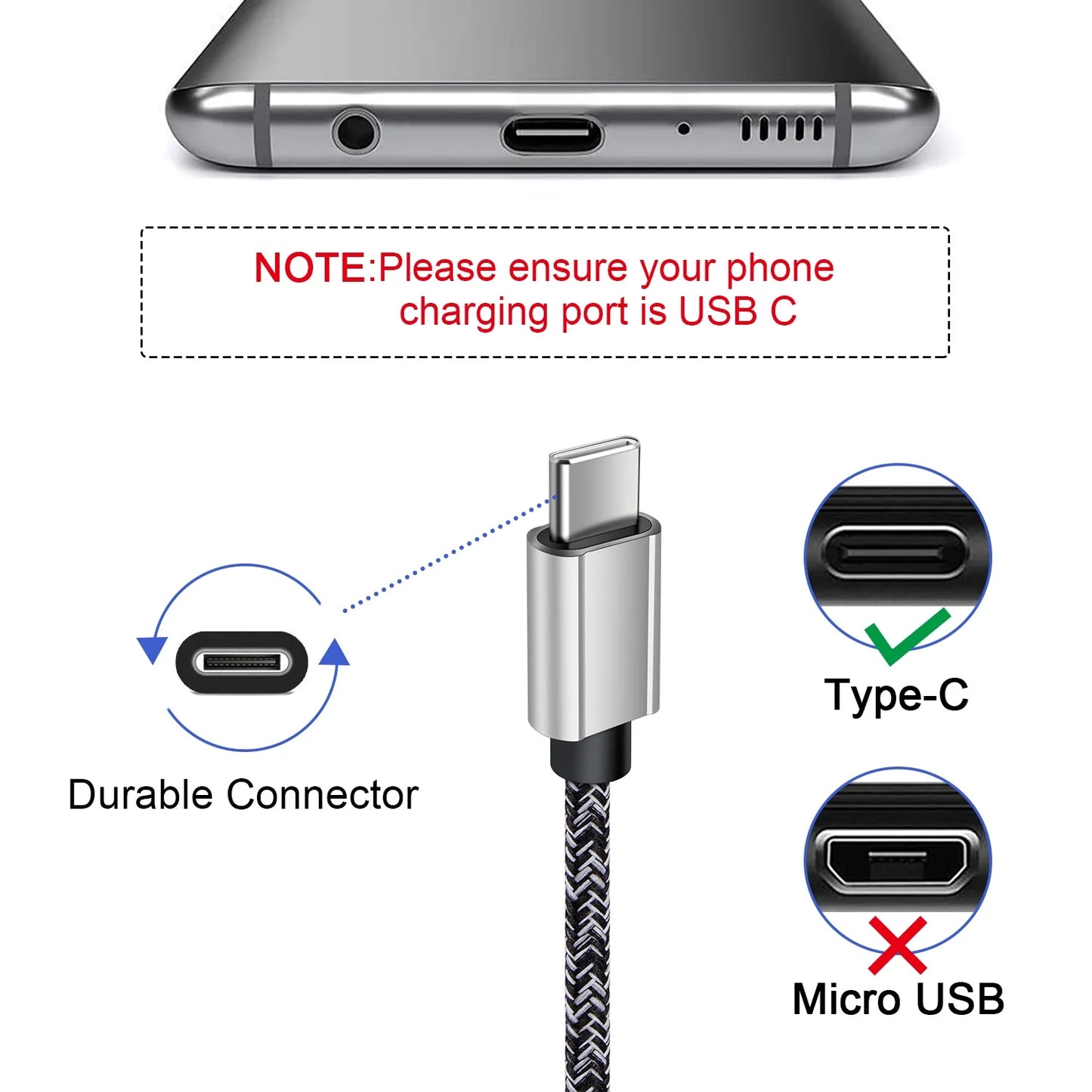 6Ft USB-C to USB-C Charging Cable (3-Pack) - Fast Charging Cord Compatible with Android and Samsung Devices