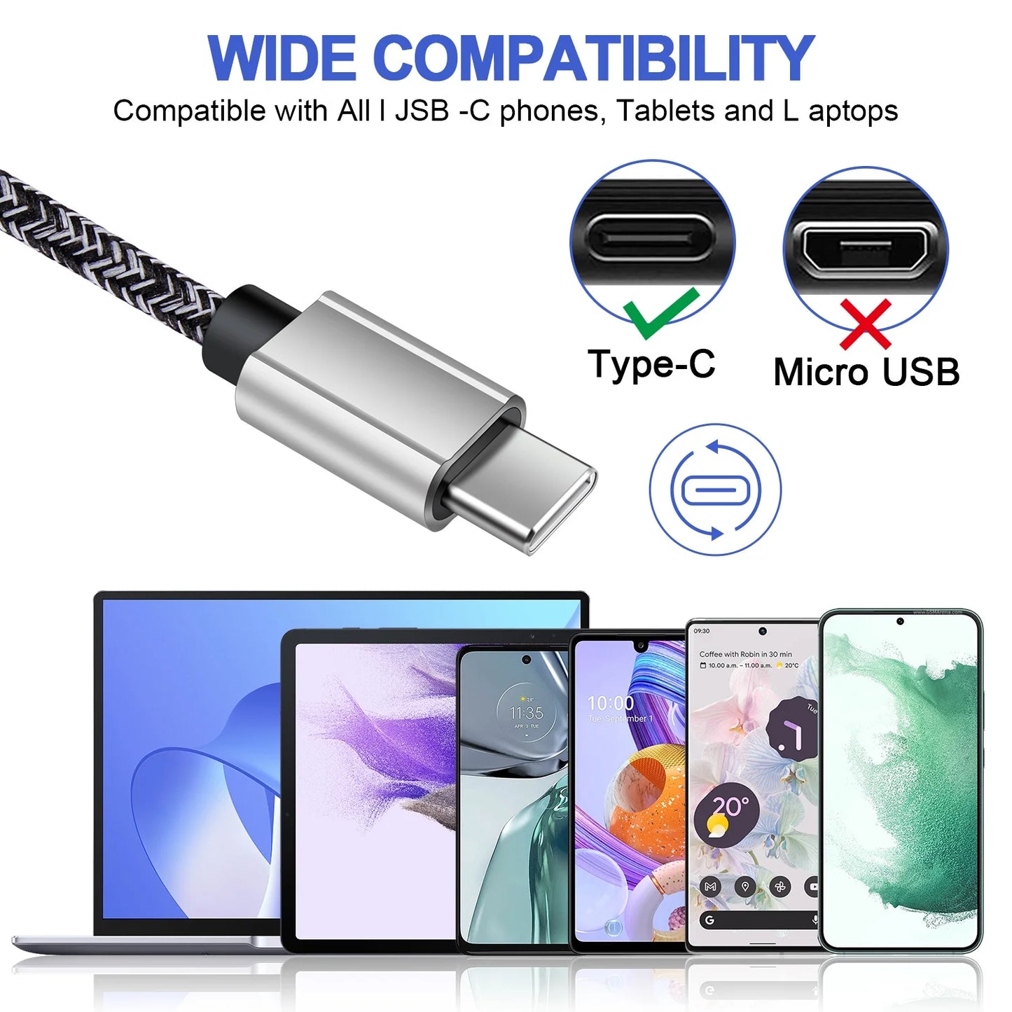 6Ft USB-C to USB-C Charging Cable (3-Pack) - Fast Charging Cord Compatible with Android and Samsung Devices