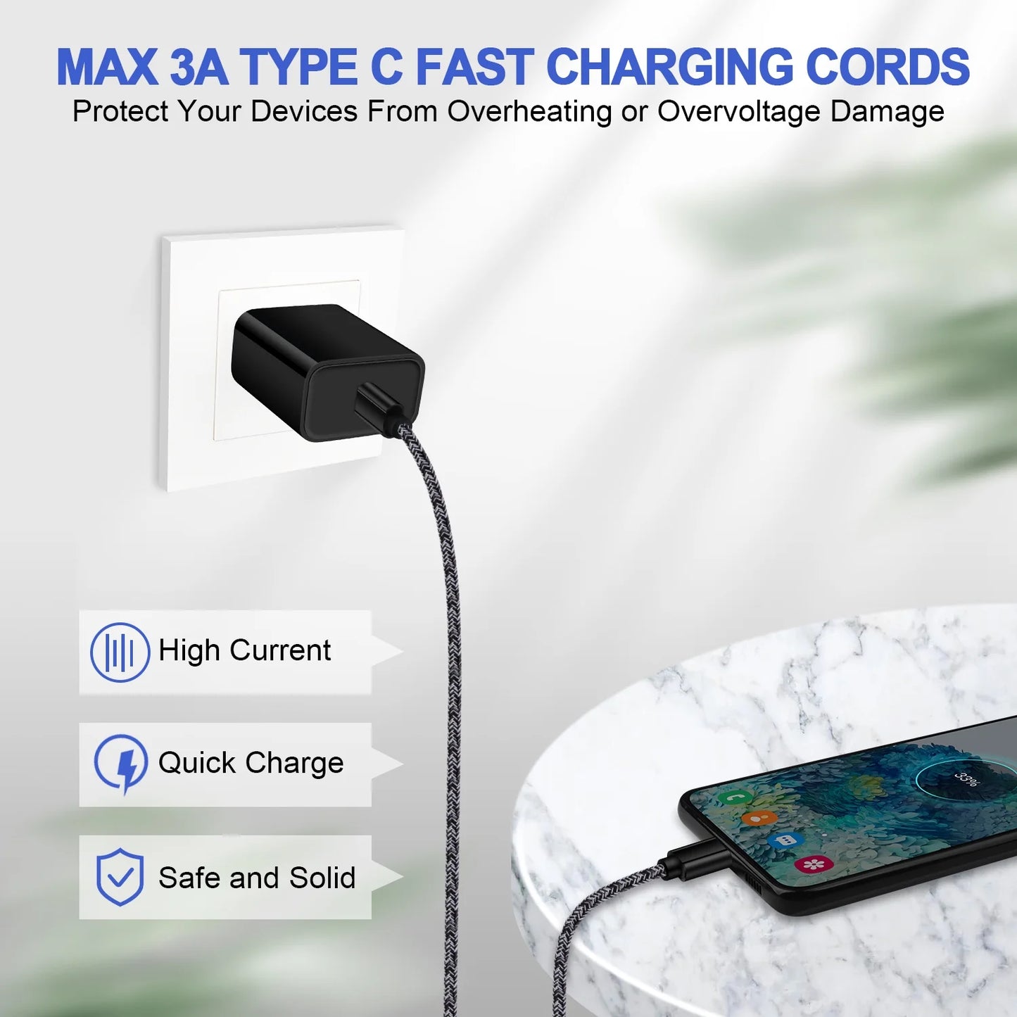 6Ft USB-C to USB-C Charging Cable (3-Pack) - Fast Charging Cord Compatible with Android and Samsung Devices