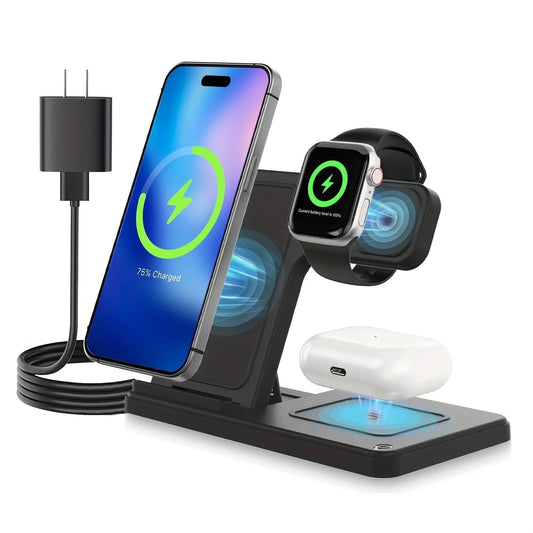 3-in-1 Wireless Charging Station with Magnetic Fast Charging Stand for iPhone 16-11, Apple Watch Series 9-3, and AirPods Pro/2/3
