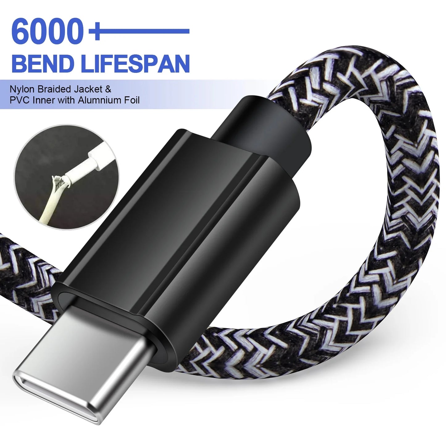 6Ft USB-C to USB-C Charging Cable (3-Pack) - Fast Charging Cord Compatible with Android and Samsung Devices